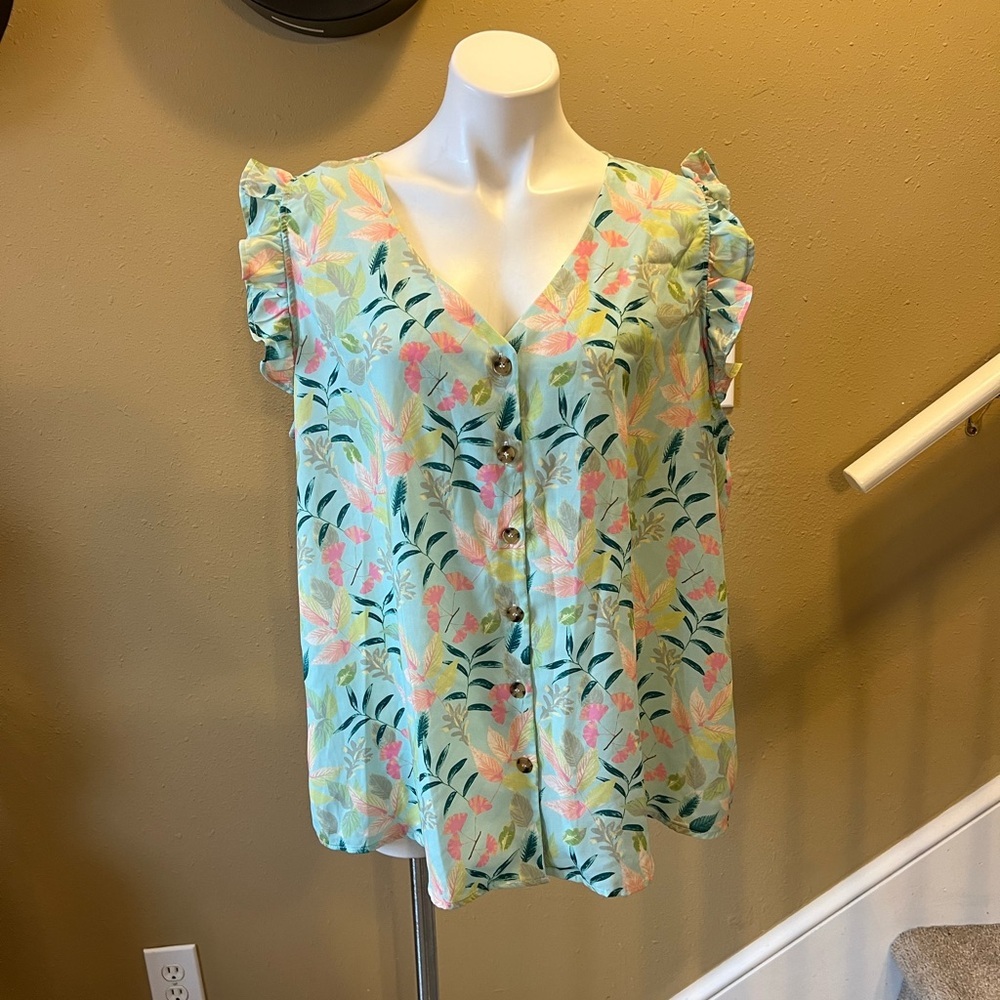 Tropical Print Button-Up Blouse